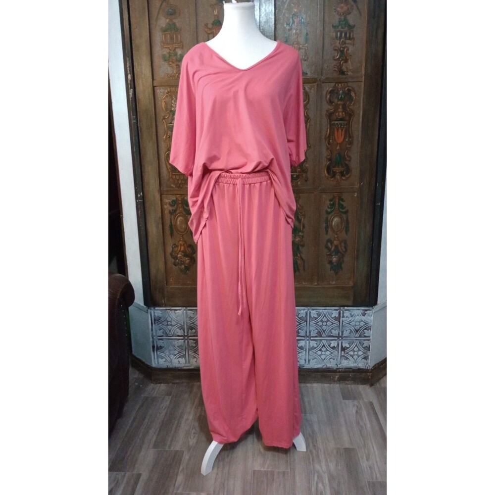 Women’s Pink 2 Piece Knit Set XL V-Neck Top & Wide-Leg Pants Drawstring Comfy